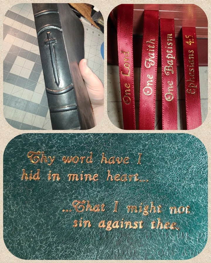Custom rebound Bible with tooled spine, red ribbons, and gold scripture imprinting.